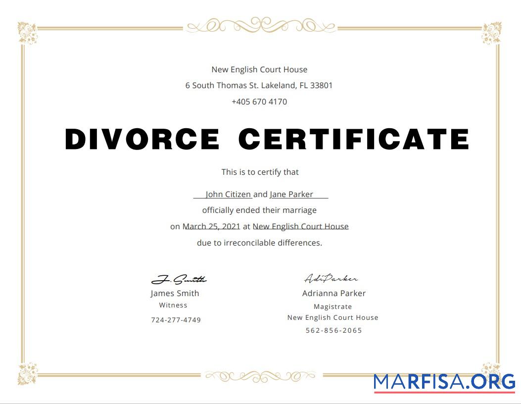 Realistic USA Divorce Certificate download for verification